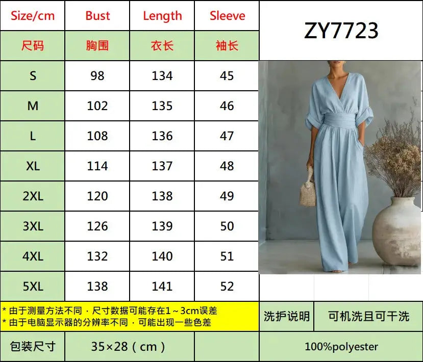 Waist V-neck Jumpsuit, light blue, mid-sleeve, wide-leg, 100% polyester.