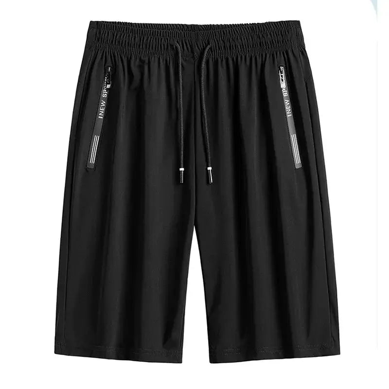 Men's black plus-size gym shorts with zip pockets, drawstring, quick-dry breathable fabric.