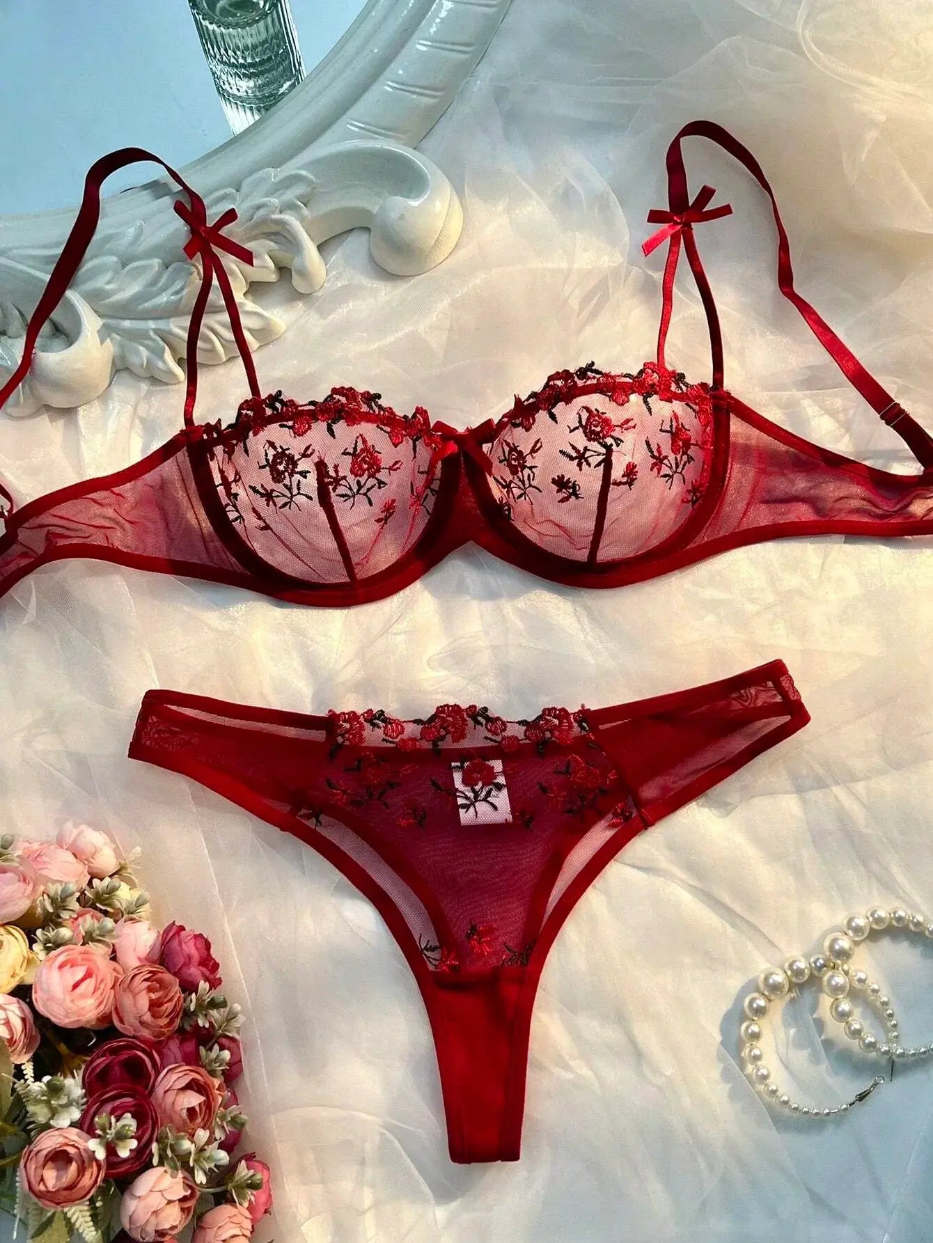LaceLuxe Sheer Floral Lace Bra And Panty Set Wire Free Half Cup Push Up Comfort Fit