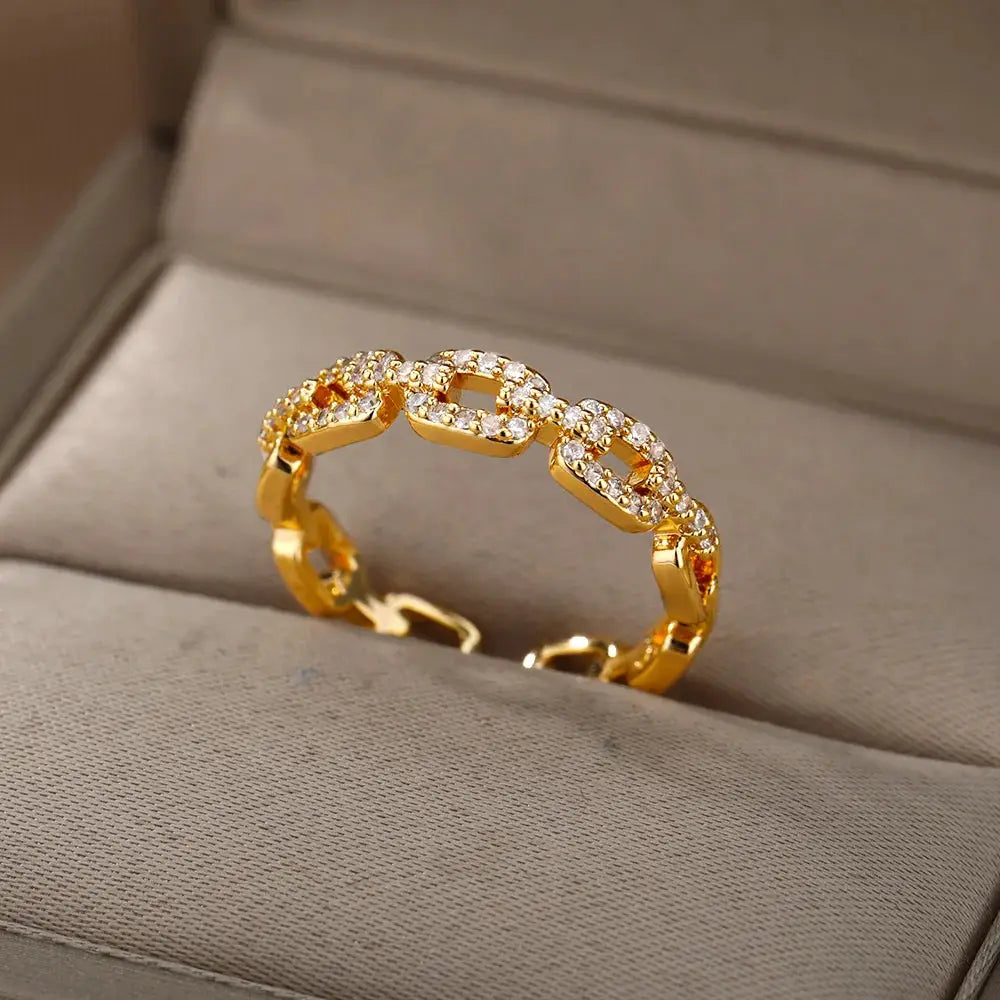 Stainless Steel Belt Ring For Women Zircon Adjustable Belt Finger Ring Geometric Wedding Aesthetic Jewelry Gift