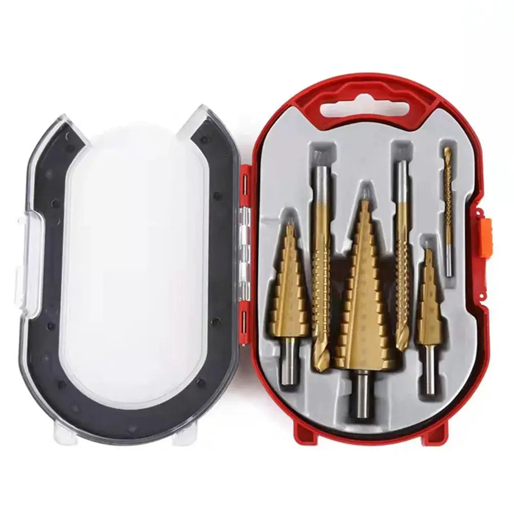 Six Piece Titanium Coated Step and Saw Drill Bit Set for Woodworking and Metal 4 to 12 mm 4 to 20 mm 4 to 32 mm