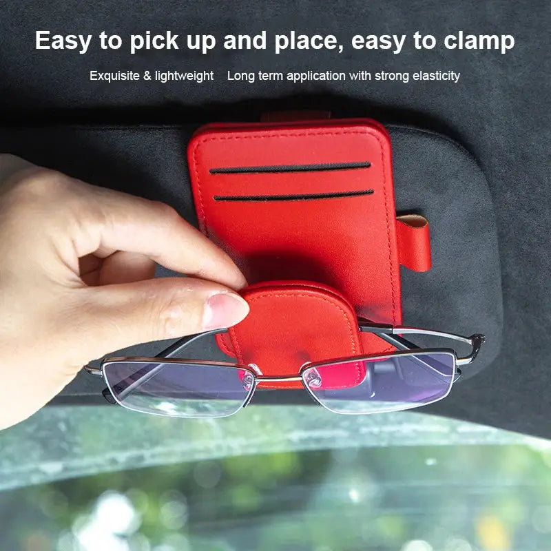 Simples Market red leather car sun visor sunglasses holder with magnetic clip and pen and card holder