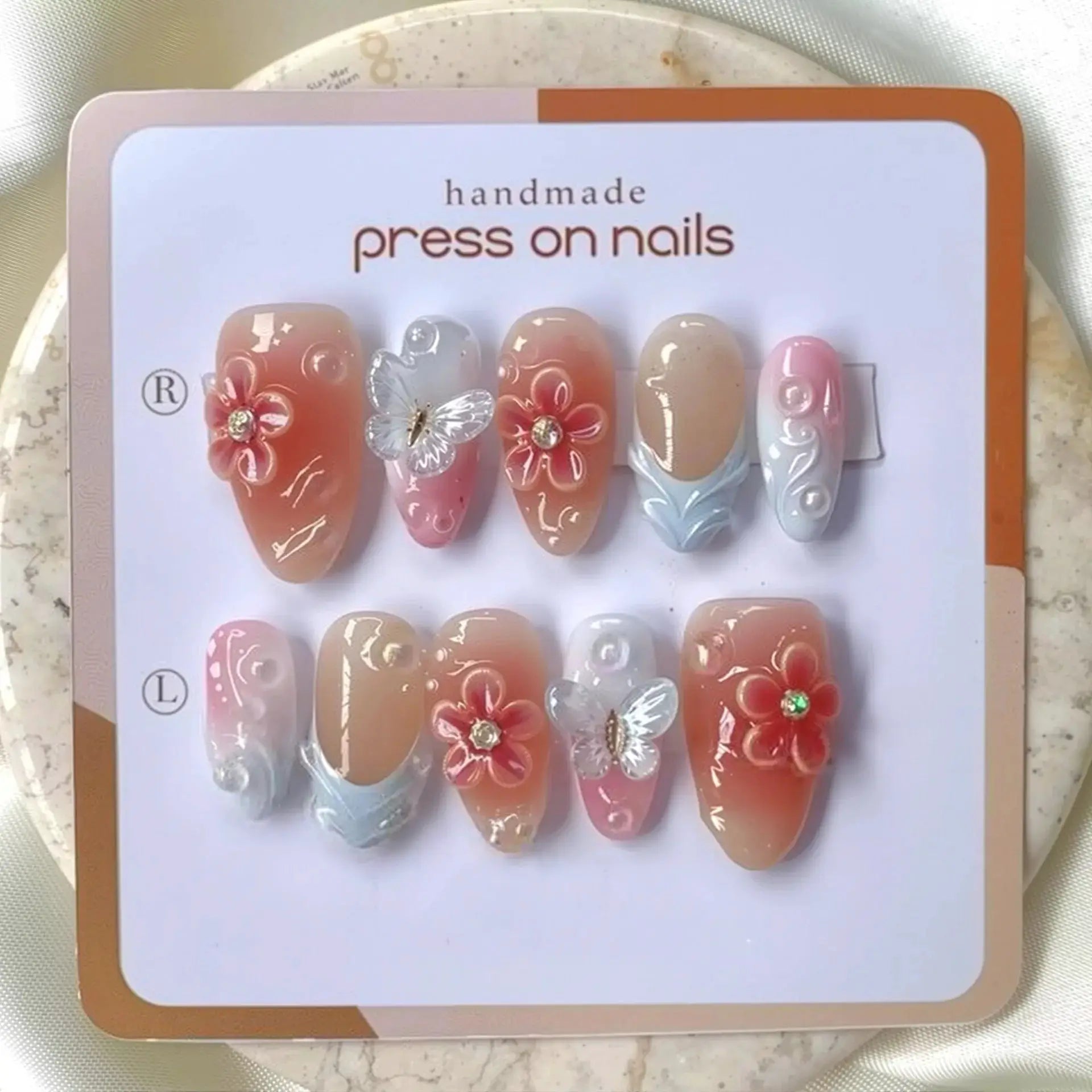 GlamNail Pink Almond Press On Nails Full Coverage Carved Flower 3D Ripple French Tips Golden Pearl Finish
