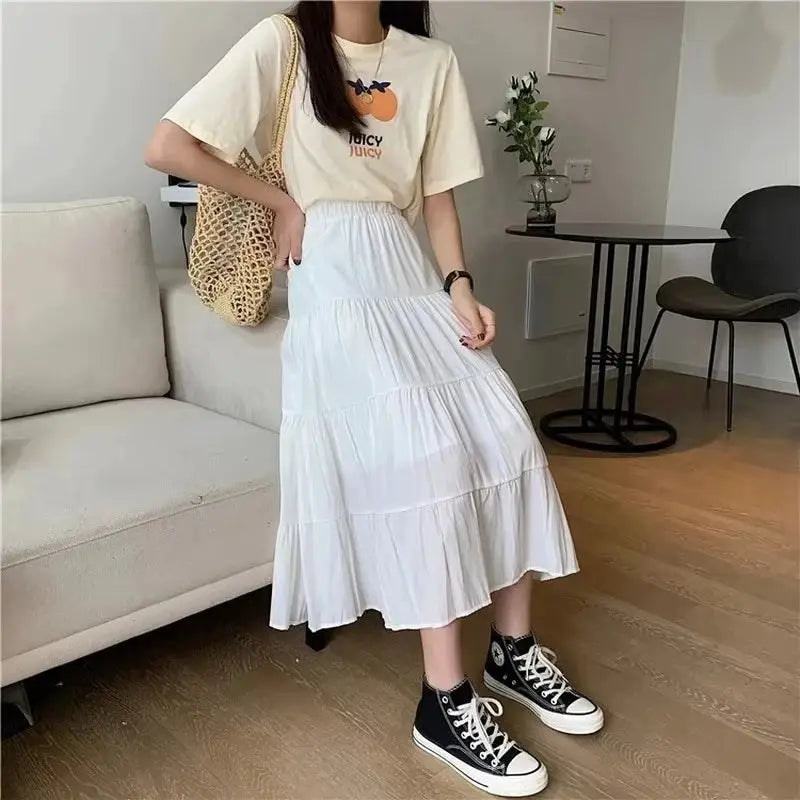 LunaWave Vintage Patchwork High Waist A Line Skirt Chic White Black Mid Calf Length For Spring And Summer