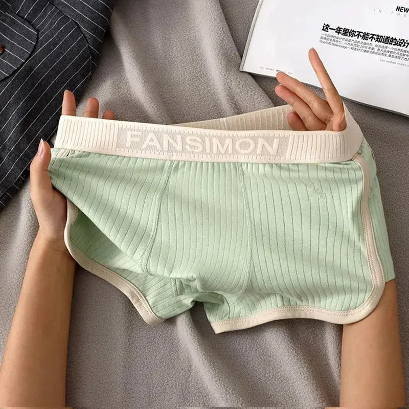 Men's mint green striped boxer shorts with beige waistband branded FANSIMON.