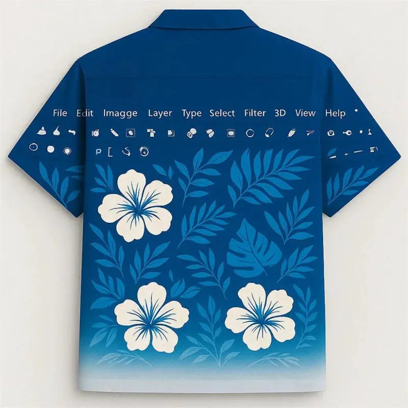 Hawaiian shirt by Simples Market with blue gradient background and 3D print Excel spreadsheet hibiscus graphic