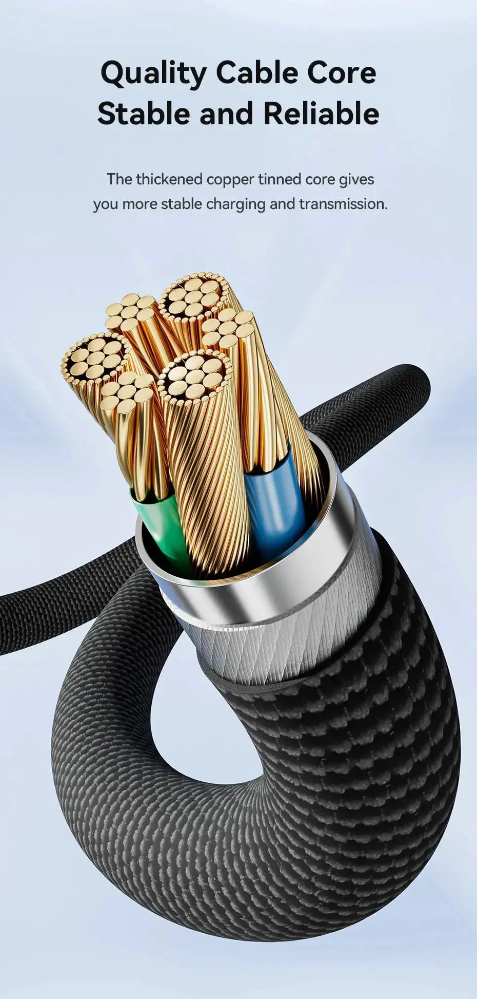 Toocki USB-C to USB-C 100W PD cable cutaway view showing copper conductors and black braided sheath