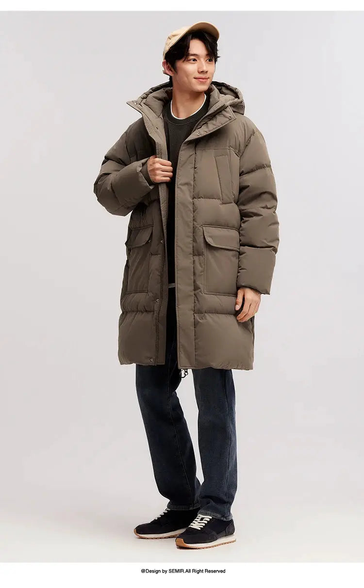 Semir down jacket for men, taupe long-length waterproof puffer with hood and large front pockets