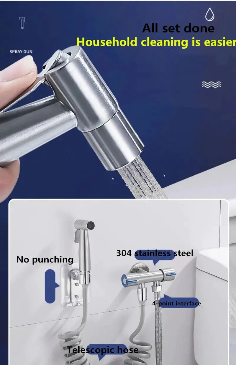 Handheld bidet sprayer set by Simples Market; stainless steel spray gun with telescoping hose