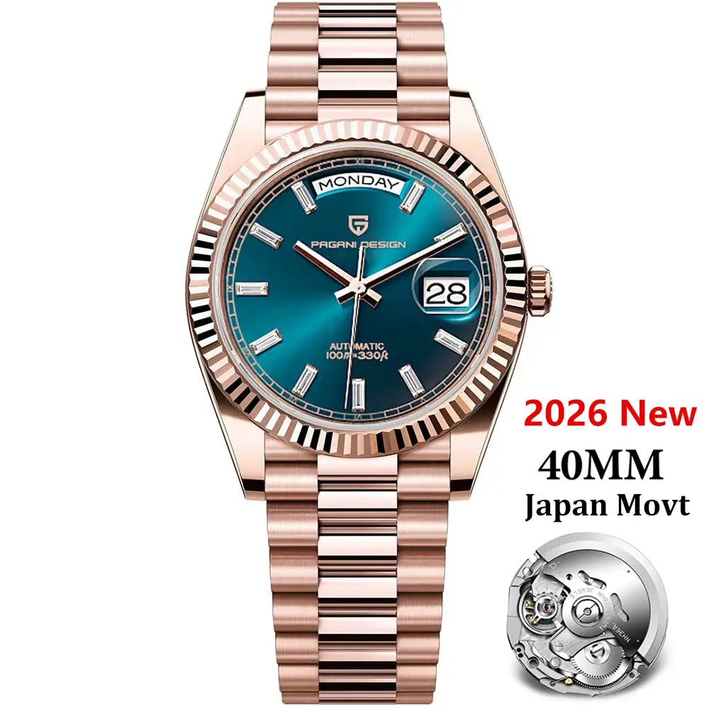 Pagani Design DD40 rose-gold men's automatic watch with teal dial, day/date, 40mm, Japan movement.