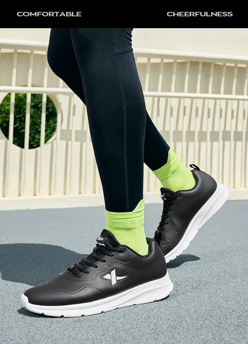 Xtep men's black leather running shoes with white sole and side logo