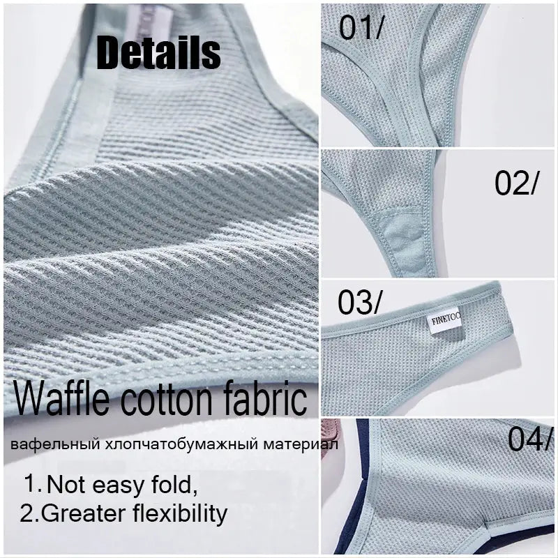 Simples Market 4-piece waffle cotton panties set; light blue thongs with V-waist, solid color, sizes S-XL
