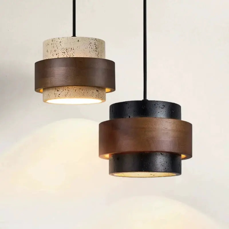 Japanese wabi-sabi bar pendant lamp pair with layered wood tones; beige speckled and dark brown finishes, warm light
