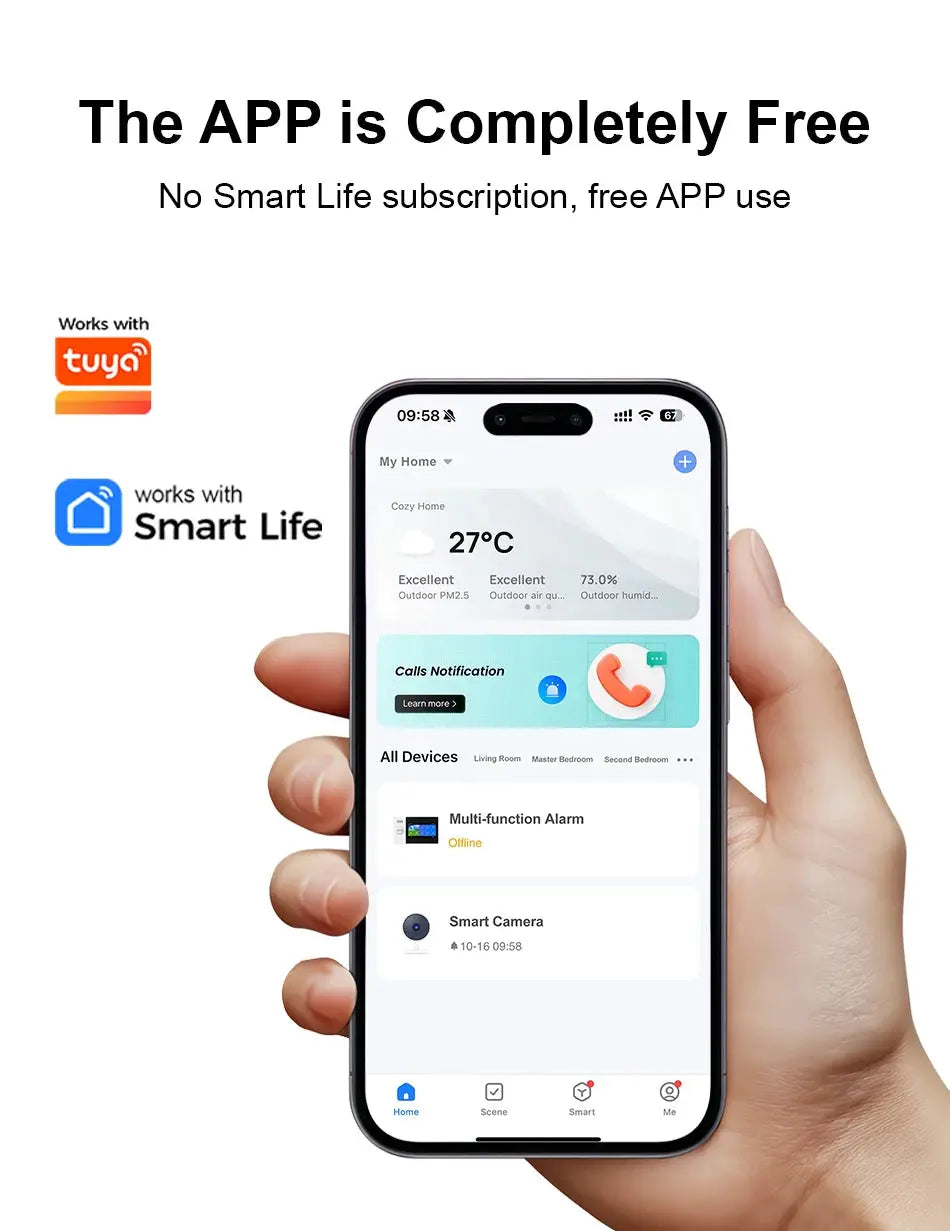 PGST WiFi 2G GSM home automation alarm system kit held in hand, Tuya/Smart Life app UI on a smartphone
