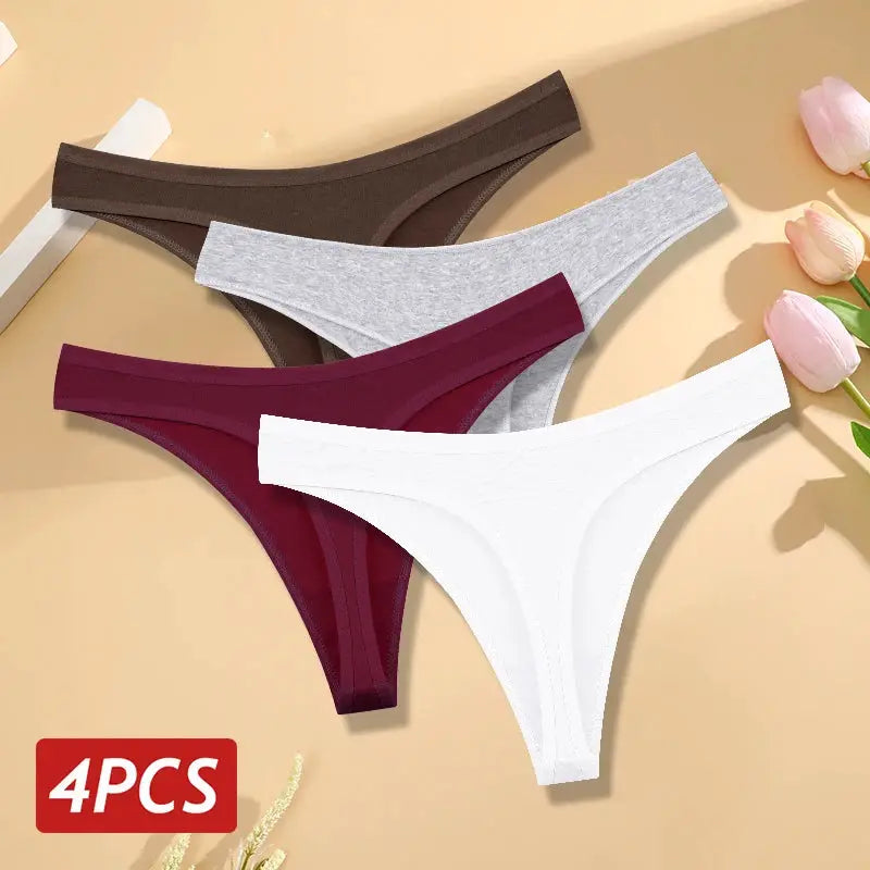 4-pack women's seamless cotton thong underwear set in brown, gray, burgundy and white from Simples Market