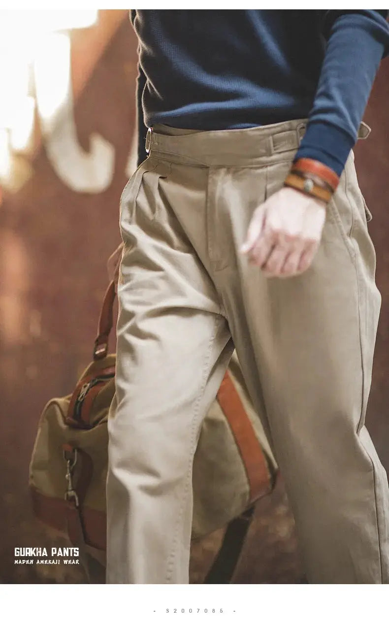 Simples Market Maden Vintage khaki Gurkha pants with adjustable high waist, straight cargo style