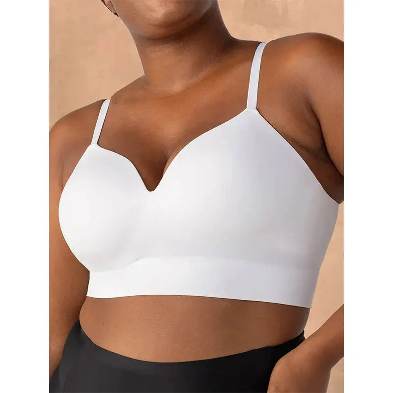 Plus-size wireless white bra with molded cups and wide underband for shaping