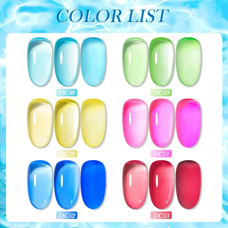 Simples Market MTSSII 6-color jelly gel nail polish set; soak-off UV swatches in blue, teal, mint, yellow, pink, red