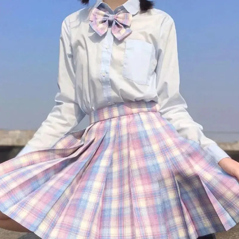 ZOKI plaid pleated high-waist skirt in pastel pink-blue tones, women's mini A-line Harajuku style