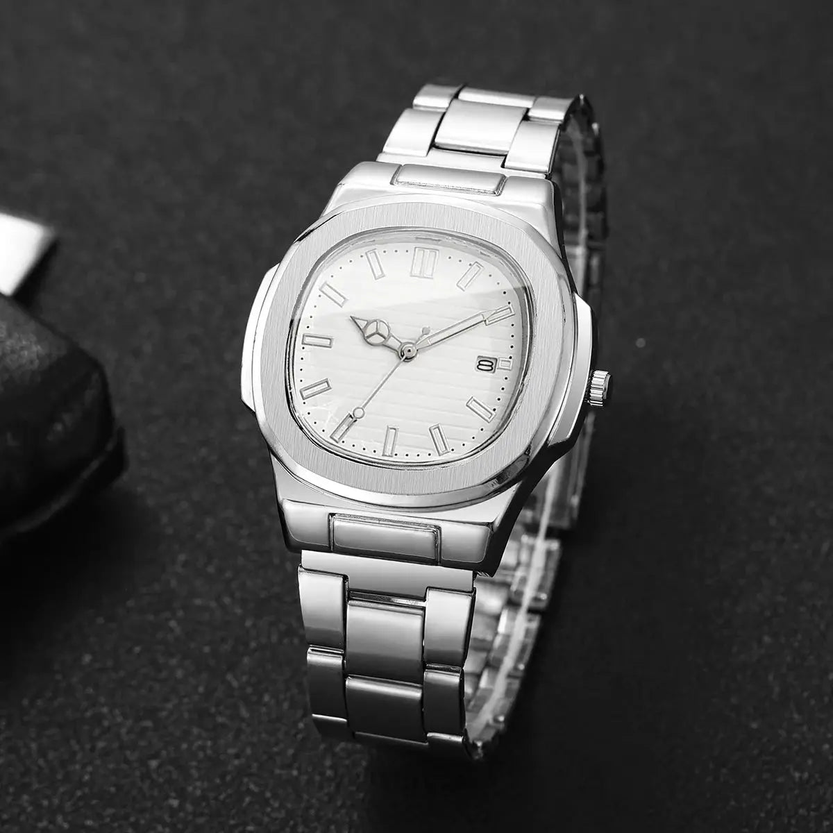 Men Fashion Wristwatches Business Square Dial Stainless Steel Strap Quartz Watch with Calendar For Mens Clock（Without Box）