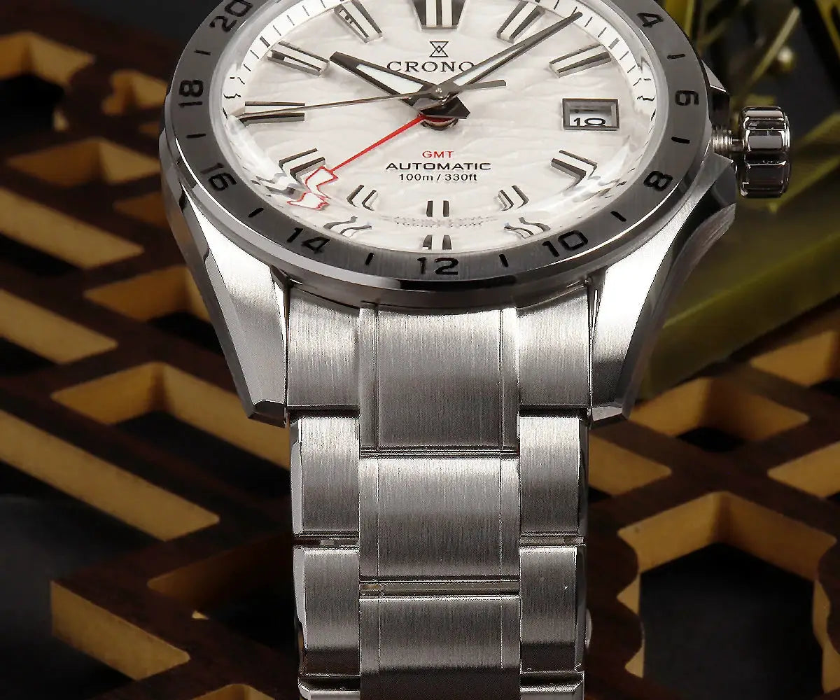 Cronos GS Mechanical Men’s Watch, 39mm birch-pattern dial, GMT automatic, stainless steel bracelet