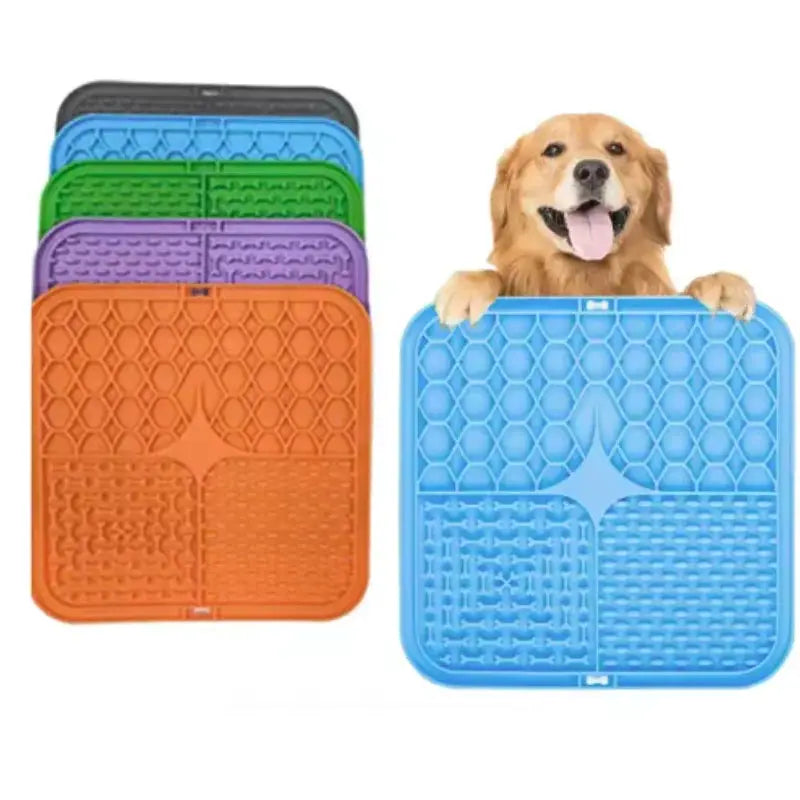 Pet lick silicone mat set by Simples Market; 5 colorful mats with dog holding blue mat for training and enrichment