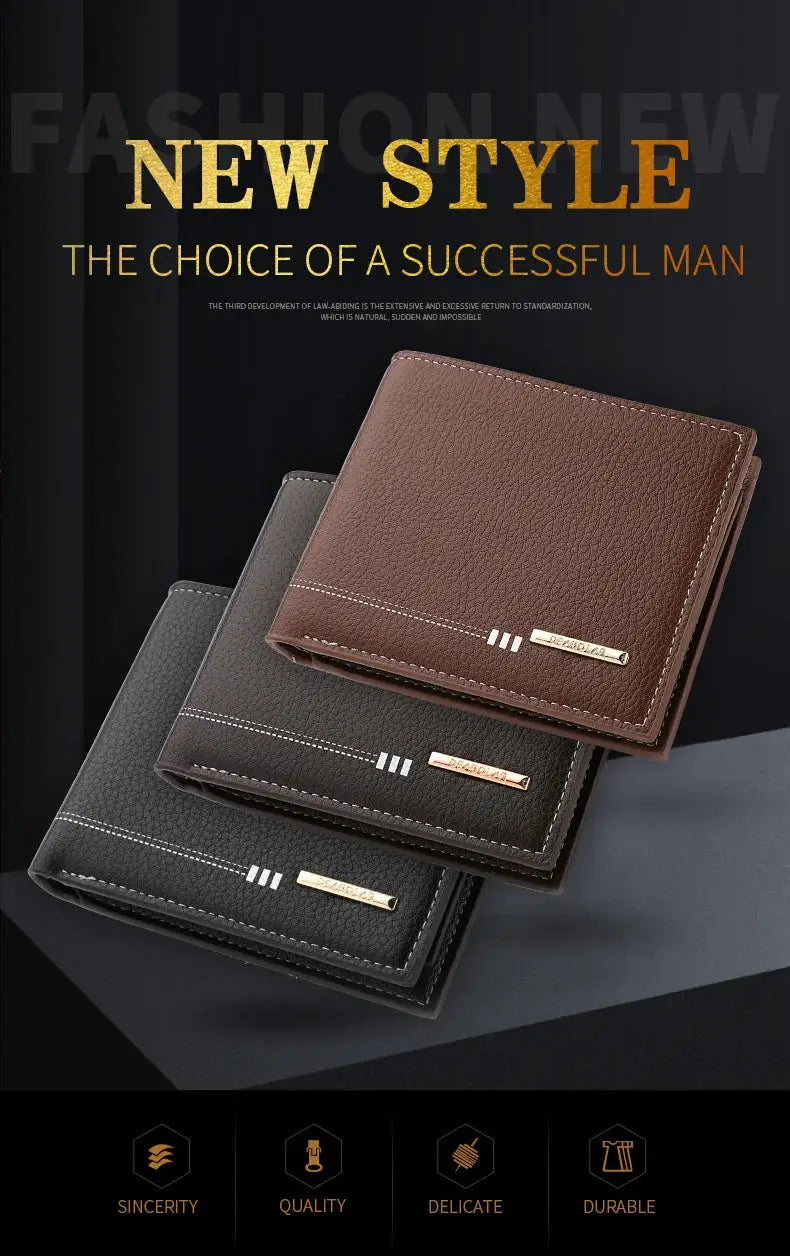 Three lychee-textured leather men's wallets in brown, gray, and black.