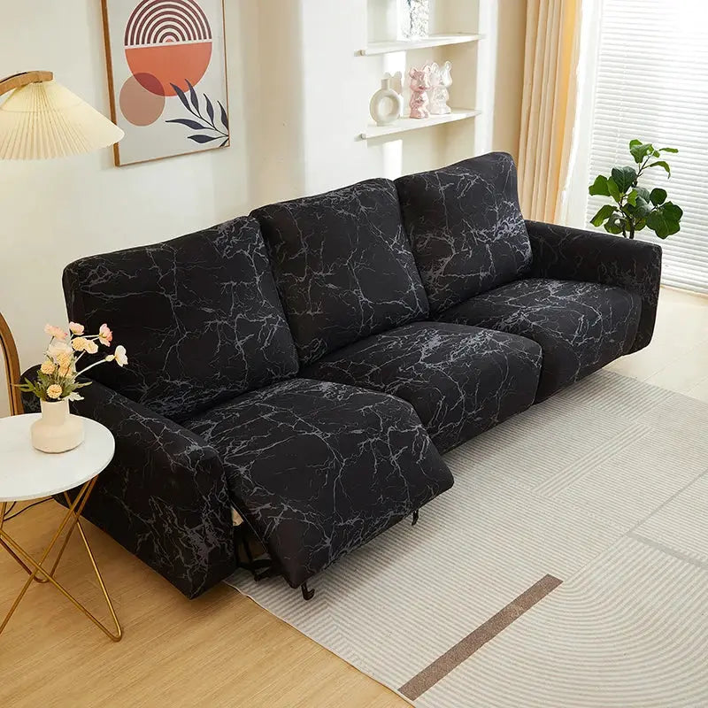 Elastic recliner sofa cover with black marble print; stretchy slipcover for a 3-seat living room sofa