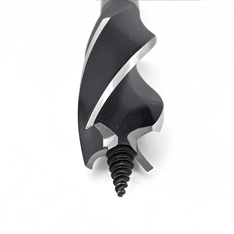 Auger Wrench outdoor survival hand drill in black metal with spiral auger bit.
