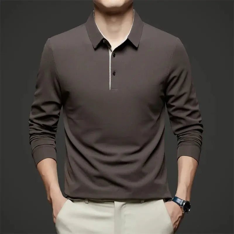 Men's long-sleeve polo shirt, brown solid color from Simples Market, versatile business casual top.