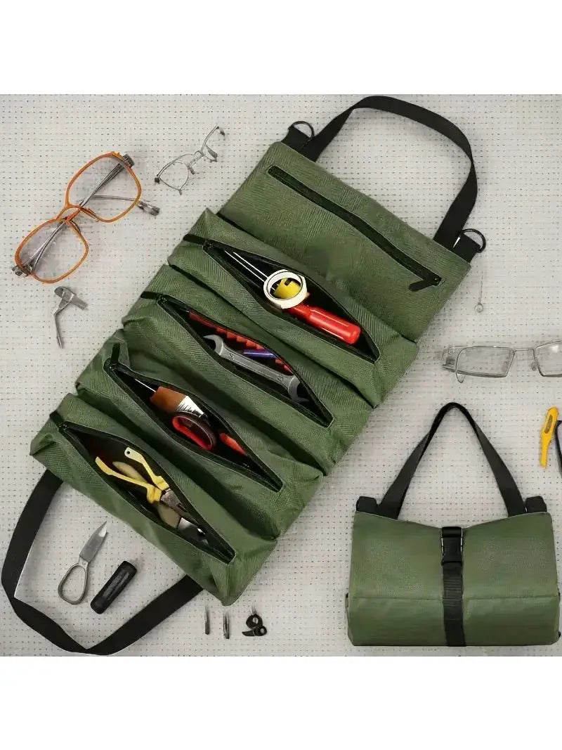 Simples Market green roll-up tool bag and compact organizer, two-piece set with multiple pockets.