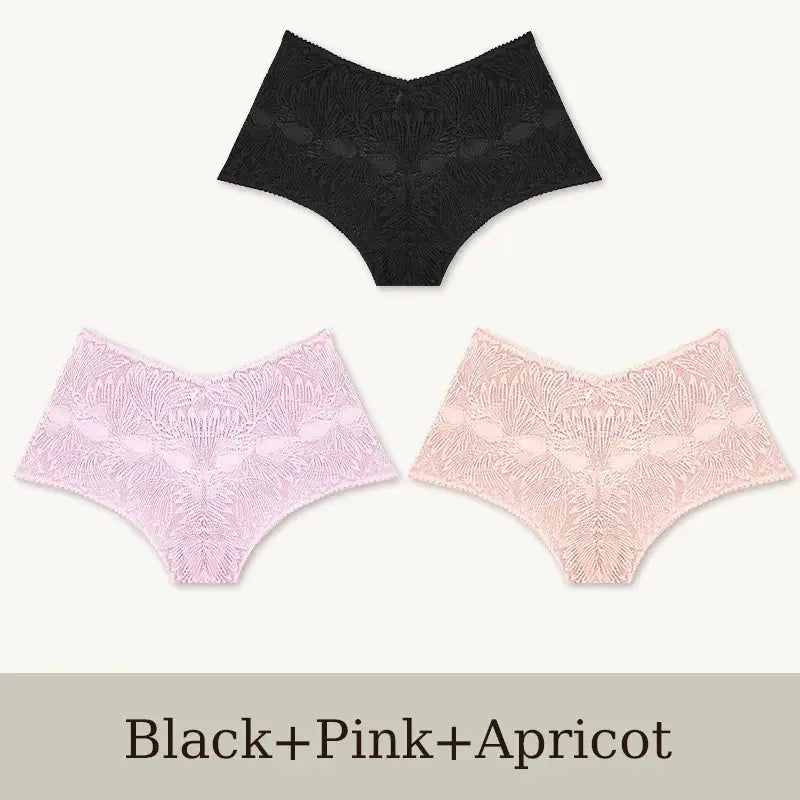 3-pair set of women's seamless lace briefs, low-waist breathable underwear in black, pink, and apricot