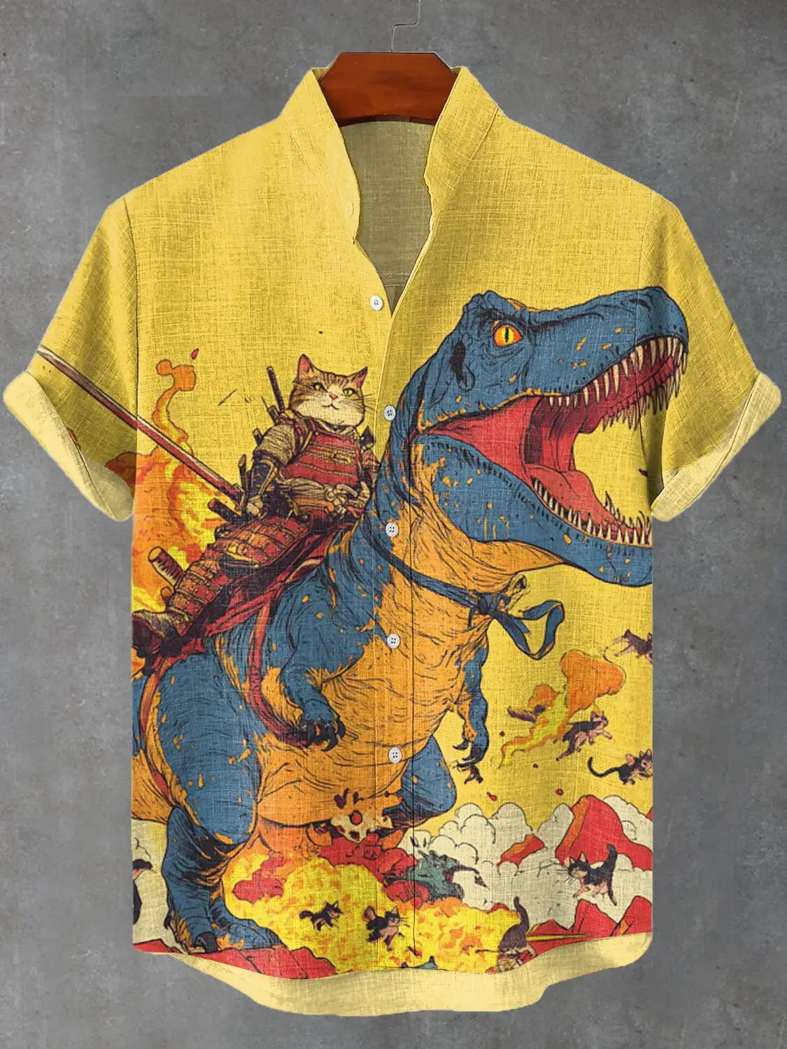 Men's cat-and-dinosaur graphic yellow Hawaiian shirt, short sleeves, oversized button-down by Simples Market