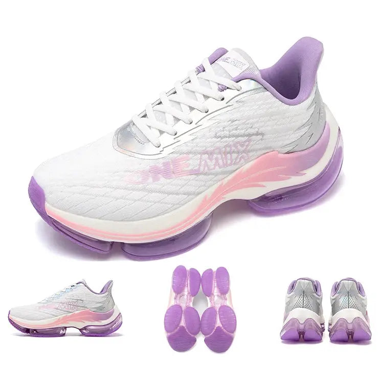 ONEMIX air cushion running shoes for women, white with lavender accents and breathable mesh