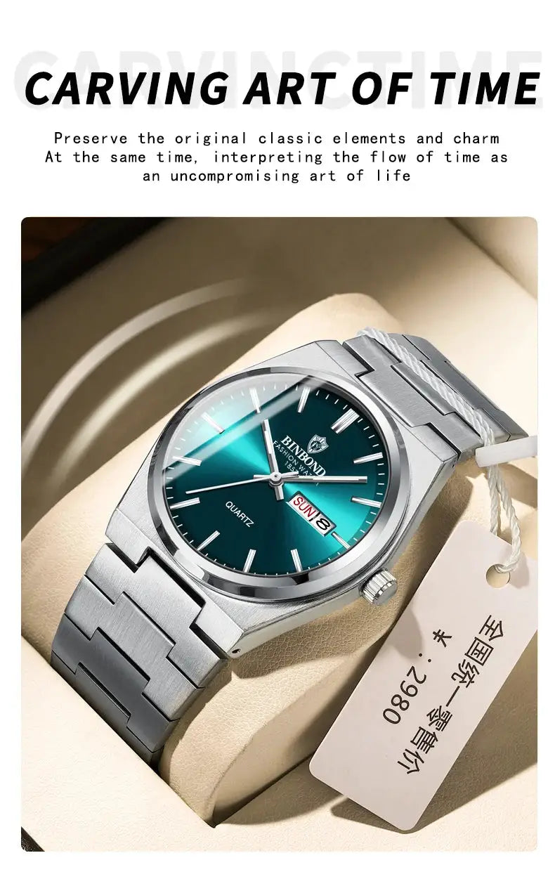 BINBOND men's stainless steel quartz watch with teal dial and day/date window