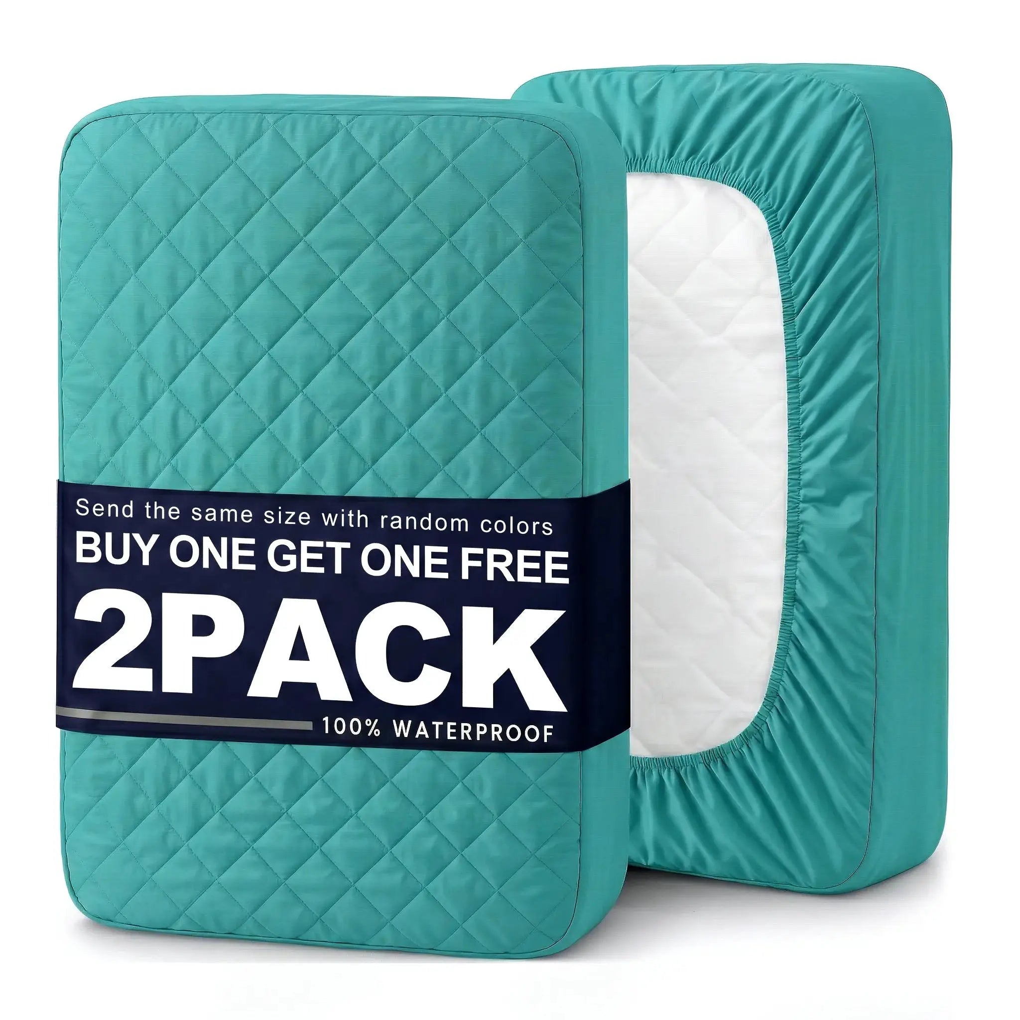2-pack quilted waterproof mattress covers in teal by Simples Market; stain- and wrinkle-resistant, buy one get one free.