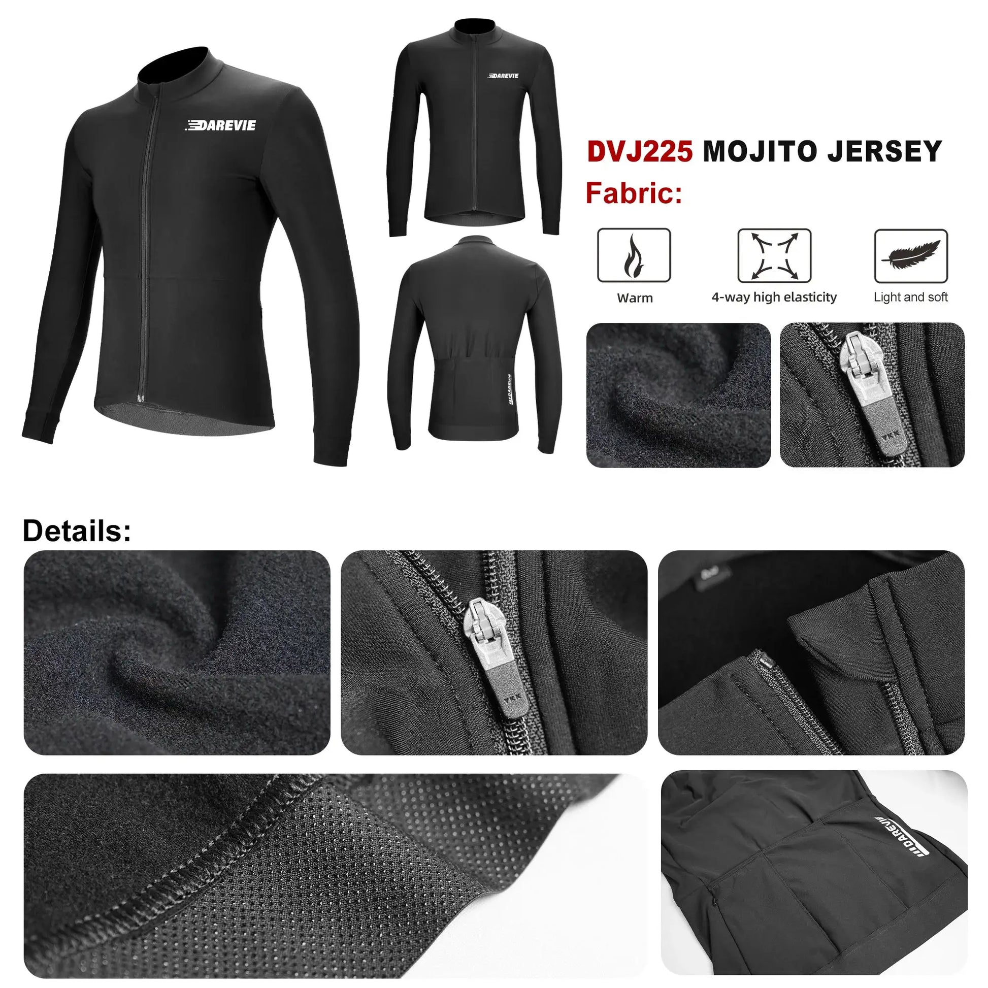 DAREVIE men's black cycling jersey with full-zip; winter thermal fleece, soft brushed interior, breathable fabric
