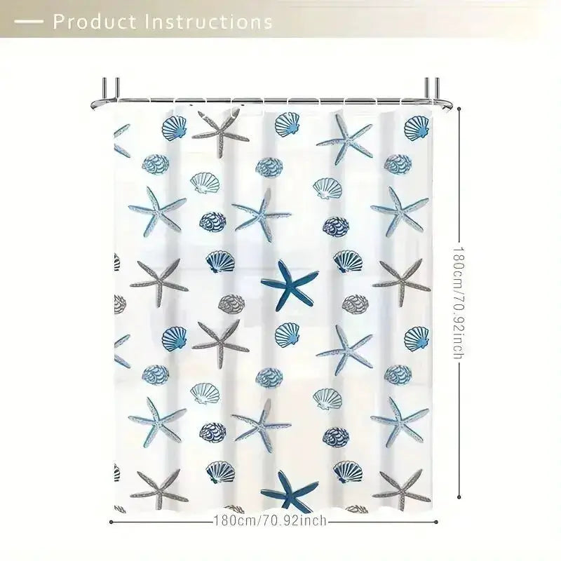 Shower curtain PEVA waterproof with starfish and seashell pattern on white background; blue/gray accents, 180 cm
