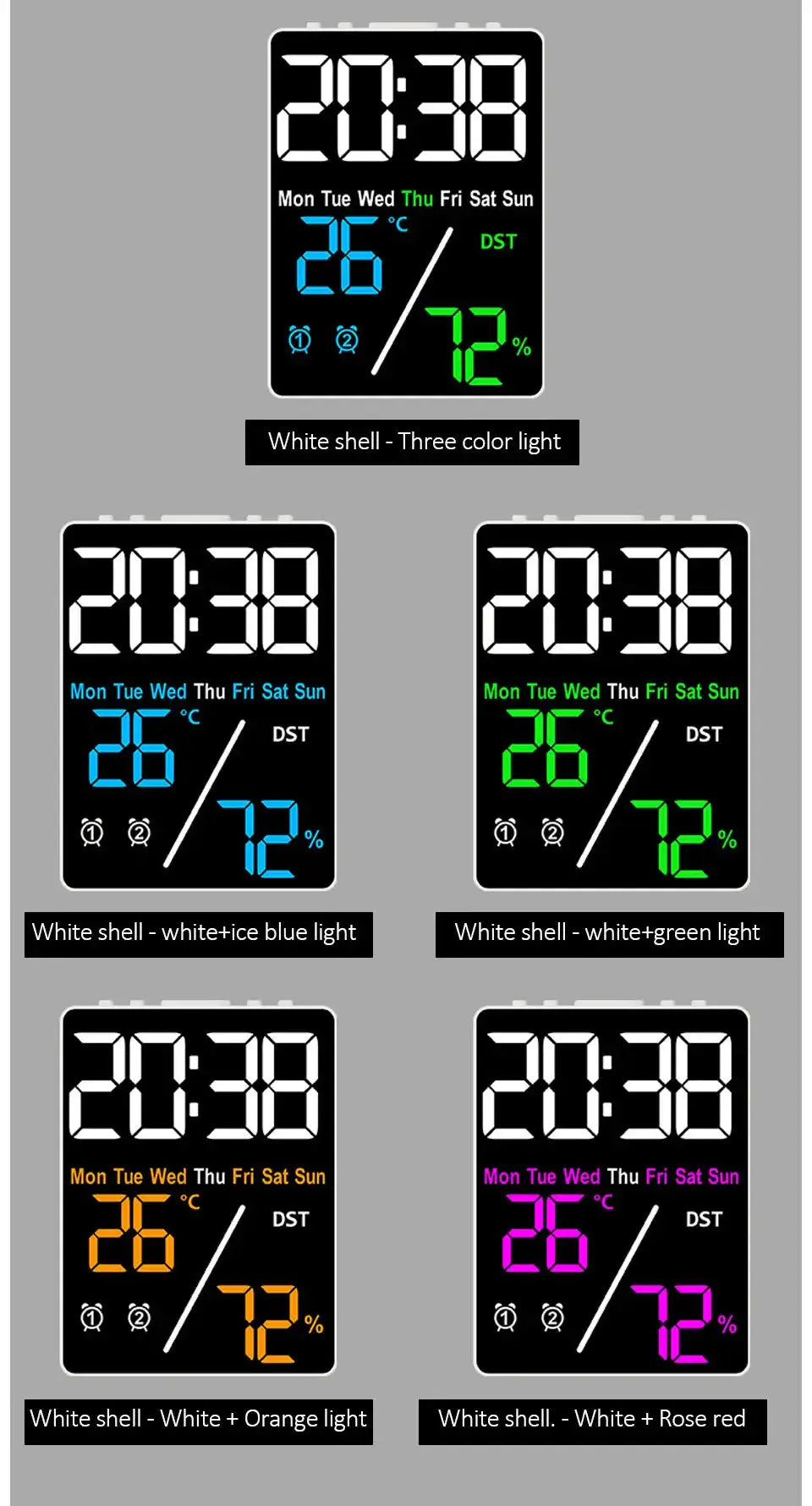 Simples Market large-screen digital alarm clock with humidity and temperature display, white shell with color light