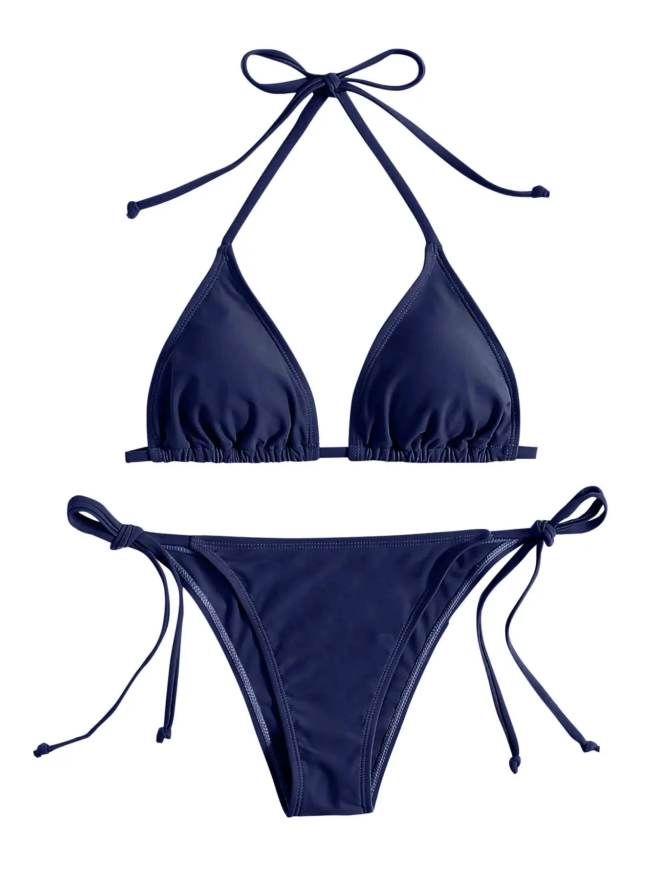 Simples Market navy blue bikini set with triangle top and tie-side bottoms.