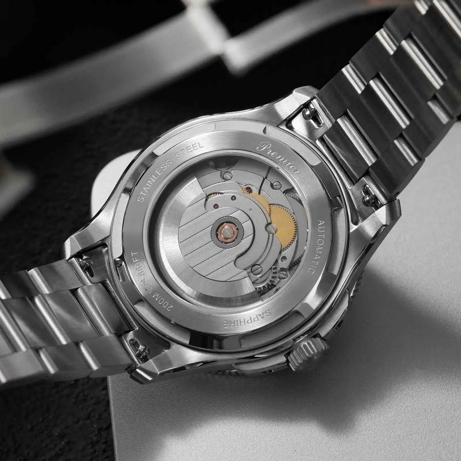 Watchdives Premier WD0019 automatic watch with stainless steel bracelet, see-through caseback, 200M water resistant