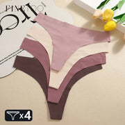 Simples Market 4-pack women's seamless thong underwear set; low-rise, breathable ice silk in mauve, beige, ivory and brown.