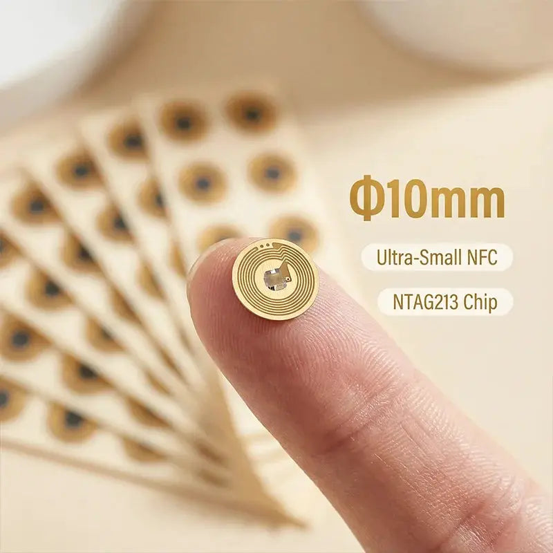 NFC tags Simples Market set of several 10mm round gold tags with NTAG213 chip, ultra-small passive RFID cards