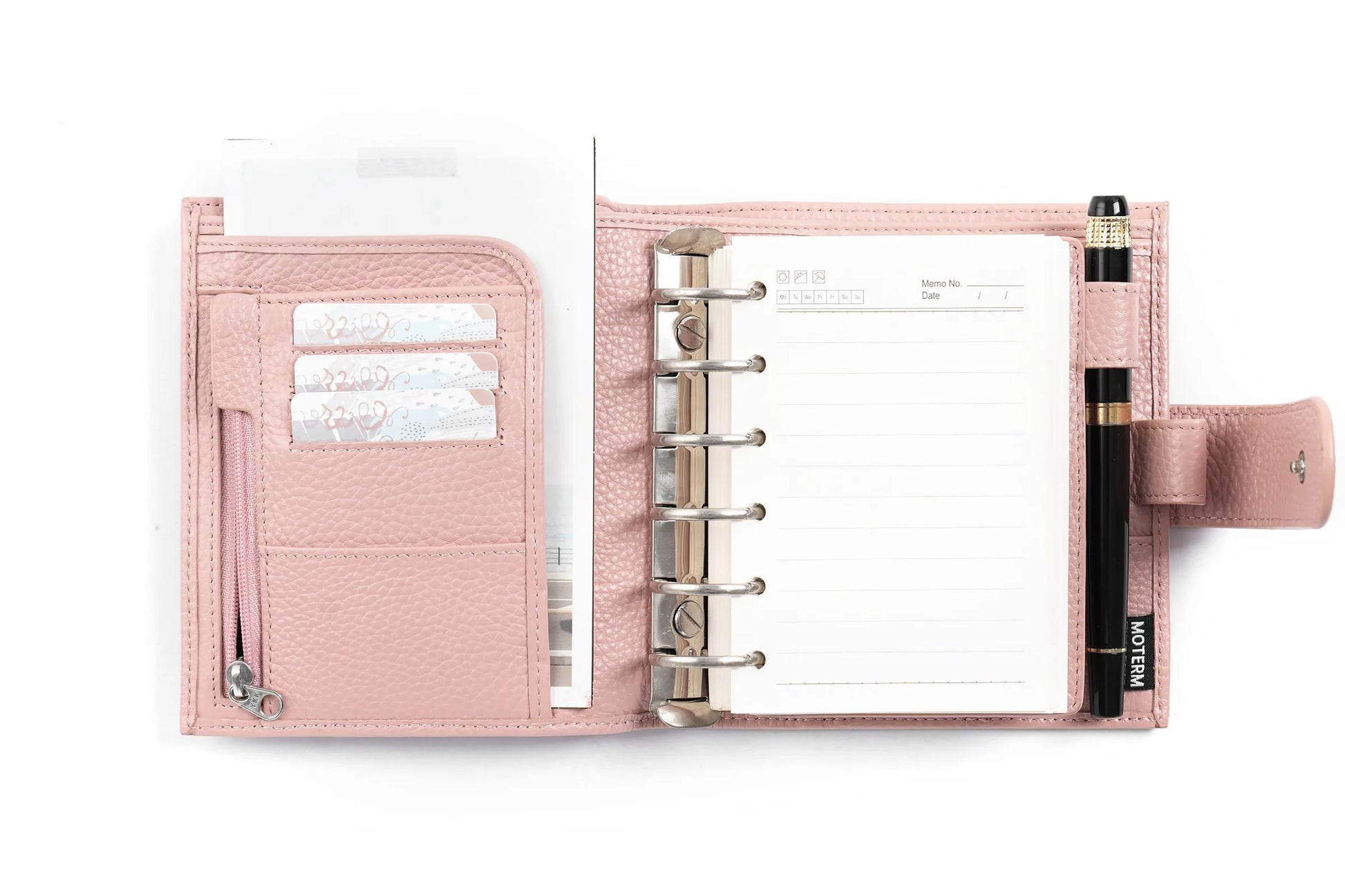 Moterm Luxe 2.0 pocket planner in pink pebble-grain leather with 30mm rings, card slots and pen holder.