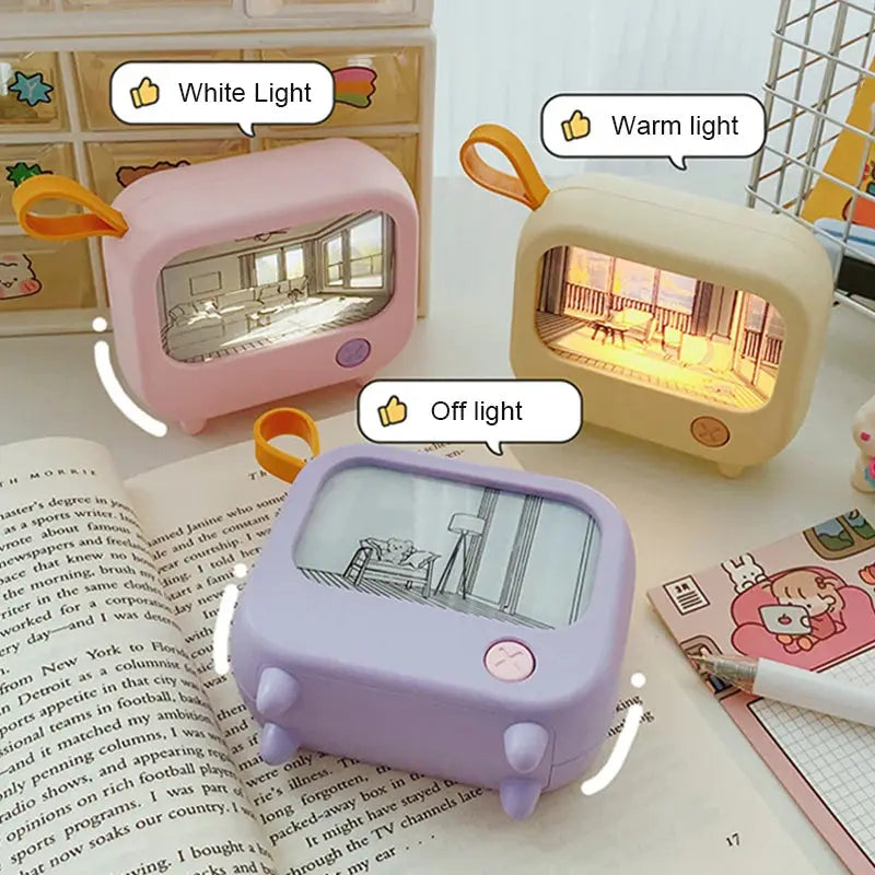 TV painting night light LED; pastel pink, yellow, lavender mini desktop lamps (3-pack) for kids