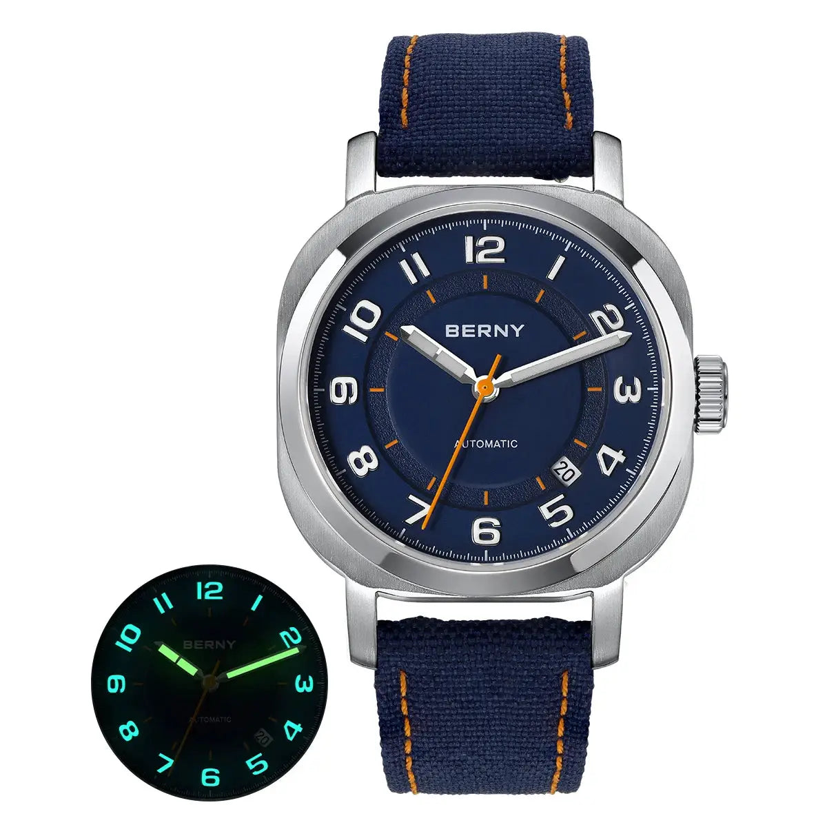 BERNY women's mechanical watch with blue dial, blue fabric strap; orange stitching and luminous numerals, two watches.