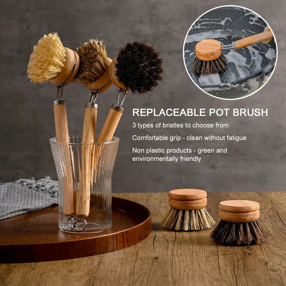 Replaceable pot brush set with wooden handles and mixed bristle heads; five kitchen scrub brushes