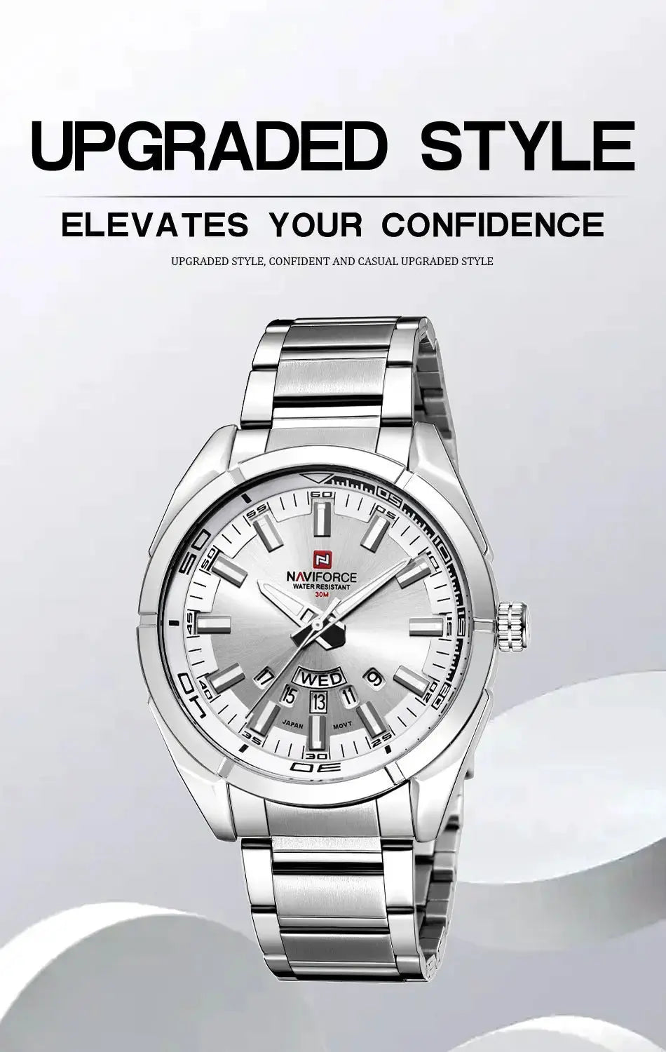 NAVIFORCE men's stainless steel watch with date display, silver dial, water resistant 30m