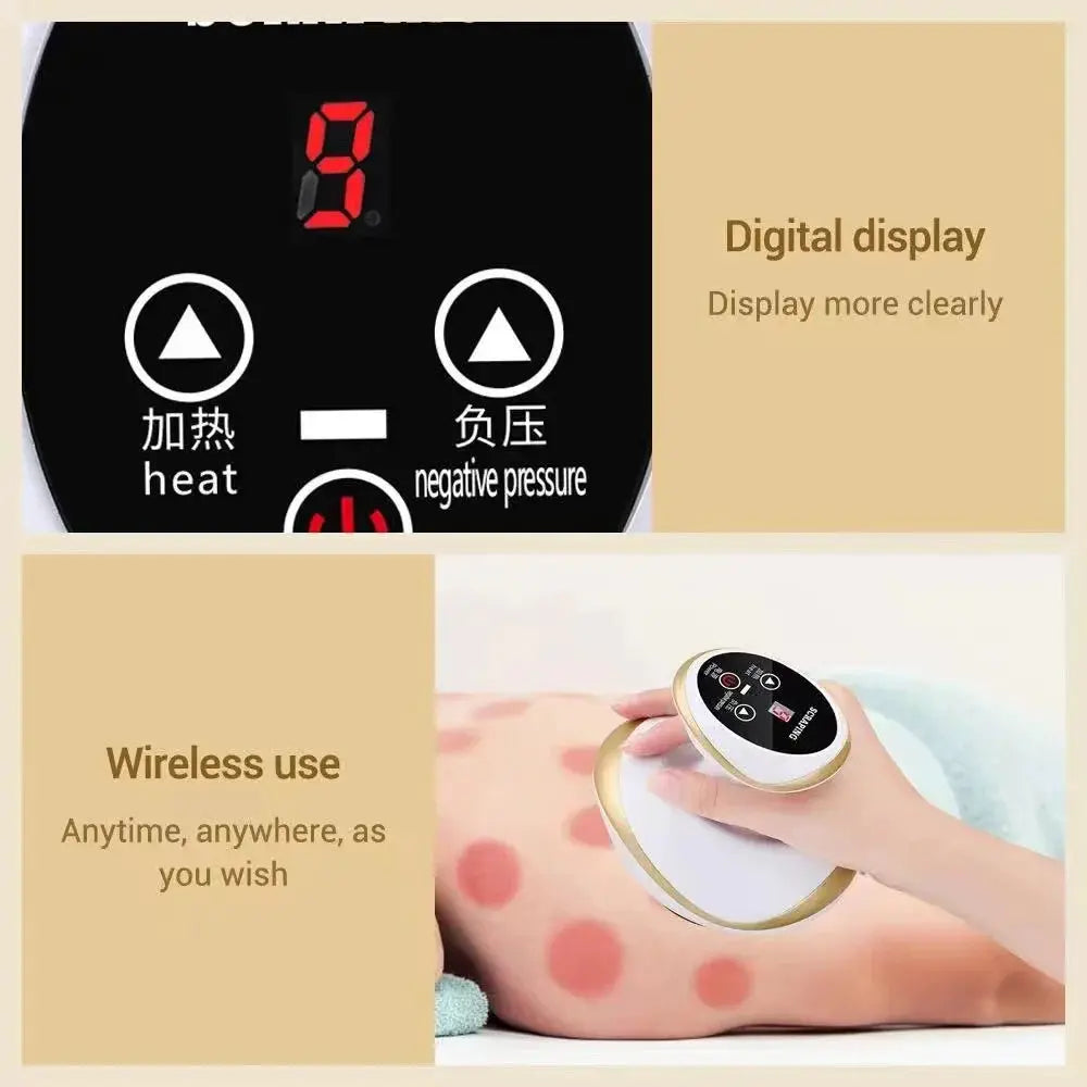 Simples Market electric cupping massage device with heated vacuum cups; wireless back and neck massager, black with gold rim
