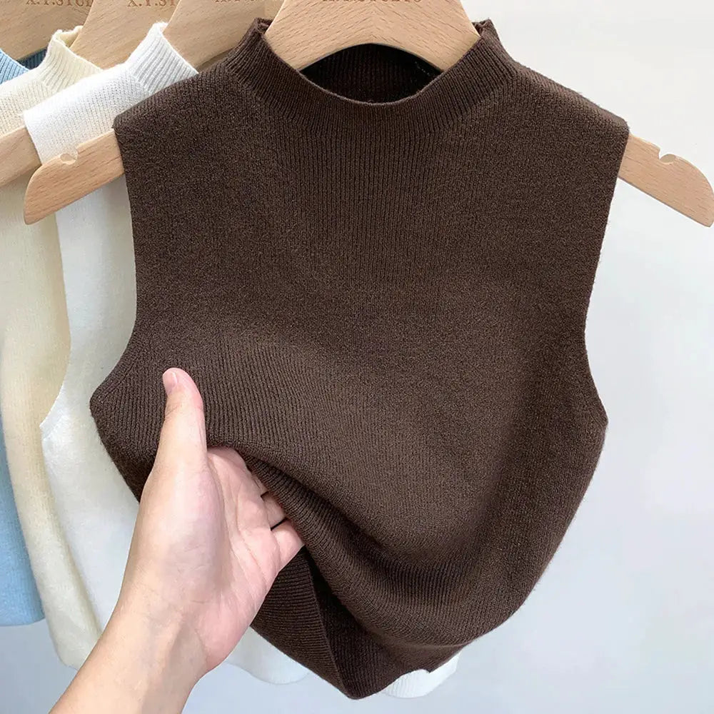 NovaWeave Womens Knit Vest Tank Top Cropped Solid Color Camisole With Half Turtleneck For Spring To Autumn